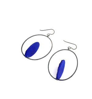 oxidized Sterling Silver Earrings with a blue Disk in a Hoop. 