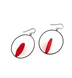 oxidized Sterling Silver Earrings with a Red Disk in a Hoop. 