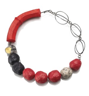 Sculptural red and black Necklace made with Papier-mâché beads, Sterling silver cage orbs, and Cotton upholstered Sterling silver form.