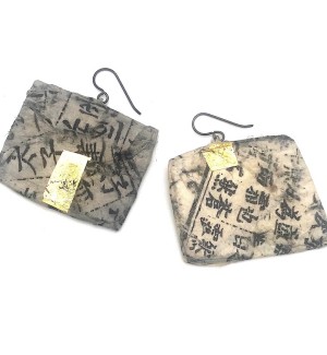 oxidized sterling silver Earrings made from antique book paper with Calligraphy and 23K Gold Leaf rectangles on it.