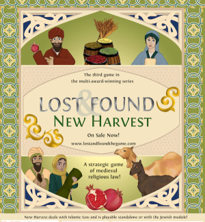 Blue and green game box with various cartoon animals and people dressed in medieval garb as well as a pomegranate with title 'Lost & Found: New Harvest'.