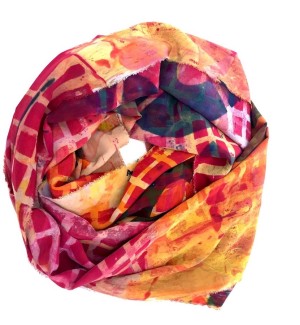 multicolored Silk Infinity Scarf with hand painted and printed grid pattern.