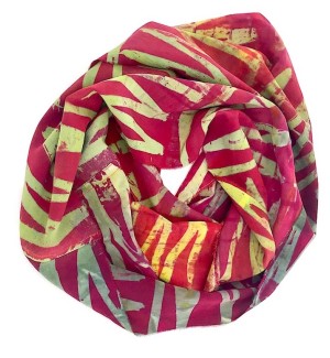 silk infinity scarf in maroom and celery green with hand painted and printed Zig Zag pattern.