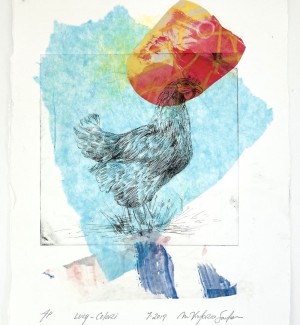 Drypoint etching monoprint with colorful collage elements depicting a chicken.
