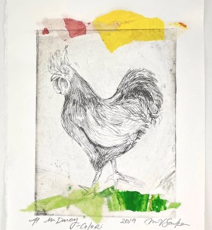 Drypoint etching monoprint with colorful collage elements depicting a rooster.
