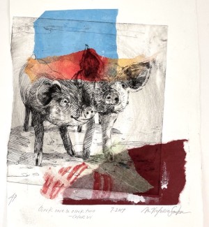 Drypoint etching monoprint with colorful collage elements depicting two pigs.