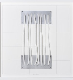 minimalist sculptural wall art featuring a concise hand drawn grid, aluminum elements, and nylon cord.