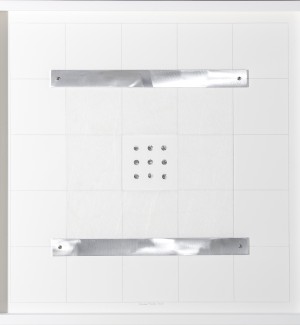 minimalist sculptural wall art featuring a concise hand drawn grid, fabric and aluminum elements.