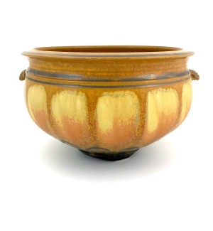 multicolored hand thrown Ceramic Open Vessel with lugs.