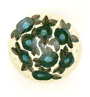 Ceramic hand painted Bowl with blue and green poppy flower pattern and dots.
