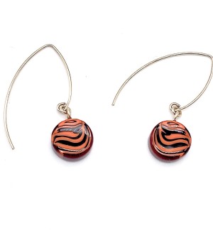 round glass dangle earrings with tiger stripe pattern.