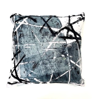 Hand Dyed and Printed Pillow with Black, White, and Green angular pattern.
