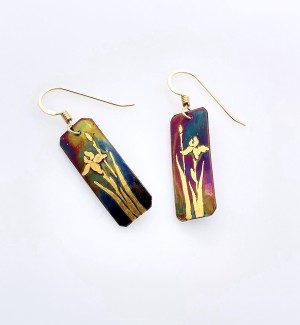 Copper rectangular dangle Earrings with 23K Gold iris flower.