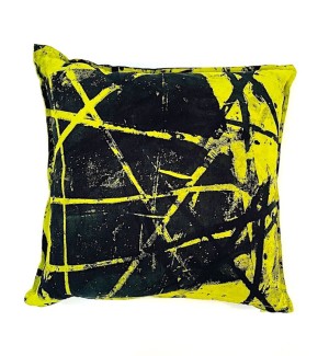 Hand Dyed and Printed Pillow with yellow and black pattern.