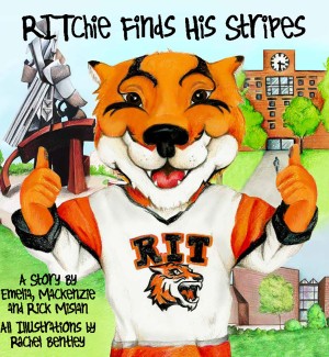 Book cover of 'Ritchie Finds His Stripes' featuring a color illustration of the Rochester Institute of technology tiger mascot holding two thumbs up in front of campus landmarks.  