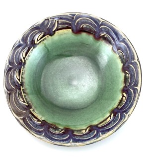 hand thrown and hand glazed Ceramic Serving Bowl with painted pattern on lip.
