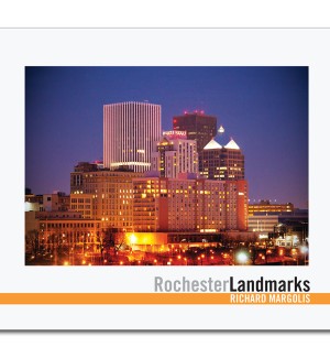 Book cover of Rochester Landmarks featuring a photograph of a Rochester cityscape in the evening.