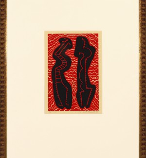  Framed and matted Linoleum Print featuring black, red, and cream colored abstract organic shapes and patterns on a red background. 