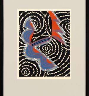  Framed and matted Linoleum Print featuring black, white, red, and blue colored abstract organic and geometric shapes and patterns. 