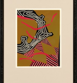  Framed and matted Linoleum Print featuring black, white, red, and gold colored abstract organic and geometric shapes and patterns. 