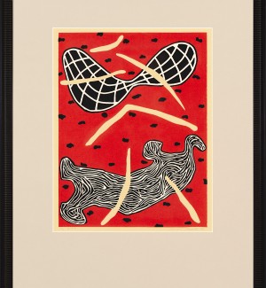  Framed and matted Linoleum Print featuring black, white, and cream abstract organic shapes and patterns on a red background. 
