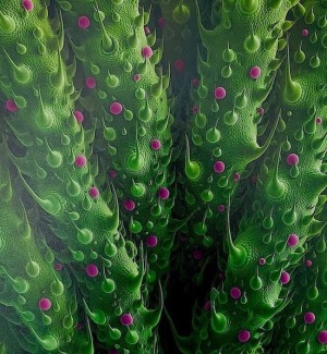 Microscopic Digital Print of a cannabis plant that looks like green stems with purple and green spiky protrusions.