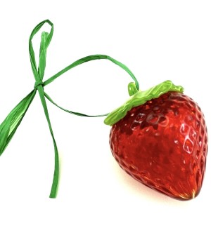 Glass strawberry ornament with a plump, dimpled red body, green cap and a loop for hanging.