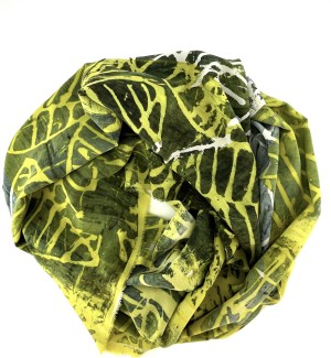 Silk Infinity Scarf with hand painted and printed abstract pattern in various shades of green.