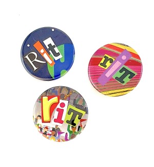 A set of three colorful collaged buttons with 'RIT' written with collaged letters of different fonts.