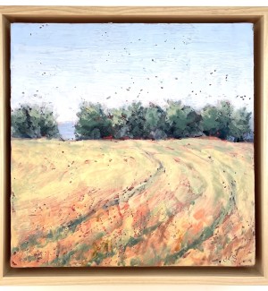encaustic painting of a field with tree line and blue sky.