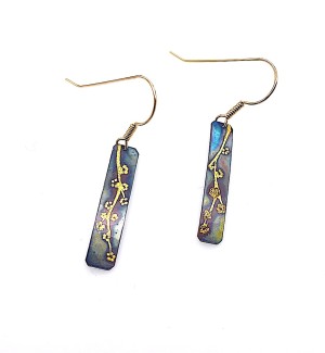 Copper rectangular dangle Earrings with a 23K Gold branch with blossoms on it.