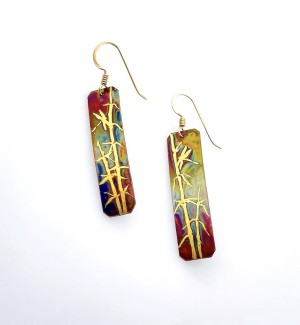 Copper rectangular dangle Earrings with a 23K Gold bamboo with a dragonfly on it.