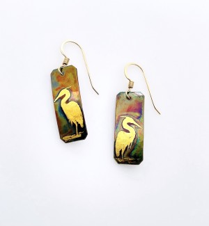 Copper rectangular dangle Earrings with a 23K Gold Heron bird on it.