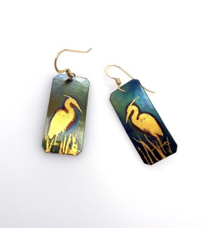 Copper rectangular dangle Earrings with a 23K Gold Heron in grass.