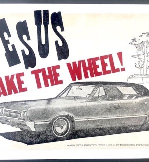 Letterpress Print that says 'Jesus Take the Wheel' with an illustration of a car.