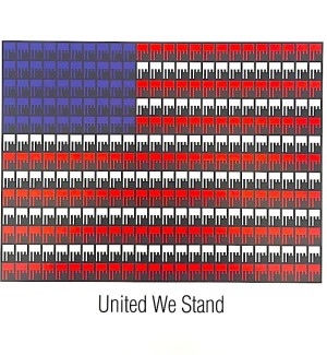 geometric poster of multiple hands forming the American flag and the saying 'United We Stand' at the bottom.