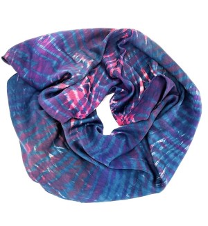 hand dyed blue, pink, and purple Silk Habotai Shibori Scarf with abstract stripe and ripple pattern.