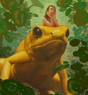 A long haired woman seen sitting on a large yellow frog surrounded by foliage.