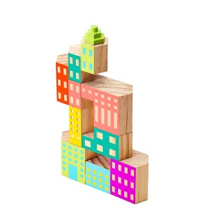 A unique set of stacked wooden building blocks in different neon colors. 