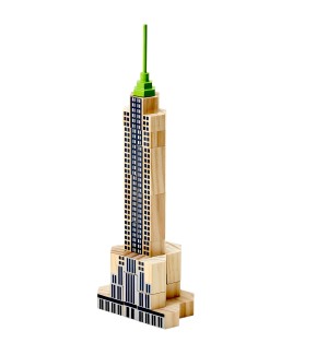 A unique set of wooden stacking building blocks built in a tower to look like the Empire State Building.