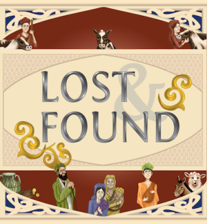 Red and tan game box with various cartoon animals and people dressed in medieval garb with title 'Lost & Found'.
