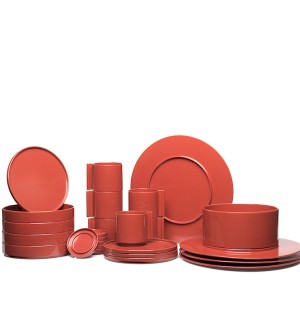 Casigliani red colored Dish Set with 4 Dinner dishes, 4 Medium Bowls, 4 Small Dishes, 1 Serving Bowl, and 6 Cups and Saucers. 