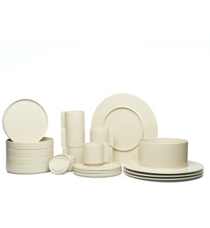 Casigliani ivory colored Dish Set with 4 Dinner dishes, 4 Medium Bowls, 4 Small Dishes, 1 Serving Bowl, and 6 Cups and Saucers. 