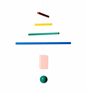 Four long, thin rectangular blocks of wood in red, yellow, green and blue with one pink block and one round green ball all strung on a line.