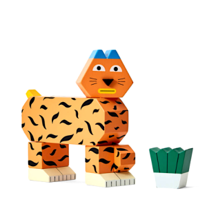 Stacking wood blocks painted orange with black stripes in the form of a stylized tiger.
