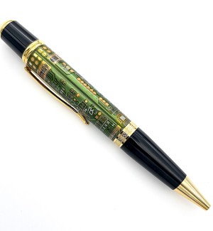 A pen with gold hardware and a green circuit board pattern, the grip is solid black.