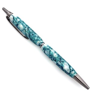 A click style pen with brushed chrome hardware and a mottled green, blue and white body that resembles marble. The click, the clip and tip are chrome.