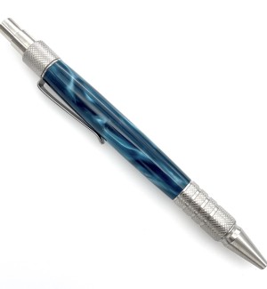A click style pen with chrome tone hardware and a body that is an ocean blue with black striations. The click, the clip and tip are textured chrome.