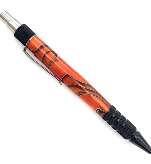 A click style pen with black tone hardware and a body that is bright orange with black striations. The click and clipare chrome and, the top and tip are textured black.