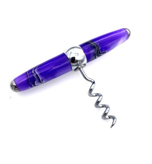 A corkscrew made of polished chrome with a cross handle pull of turned acrylic in a purple mottled color.